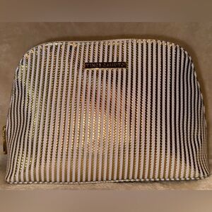 Vince Camuto Metallic Gold and White Striped Cosmetic Makeup Bag Clutch NWOT